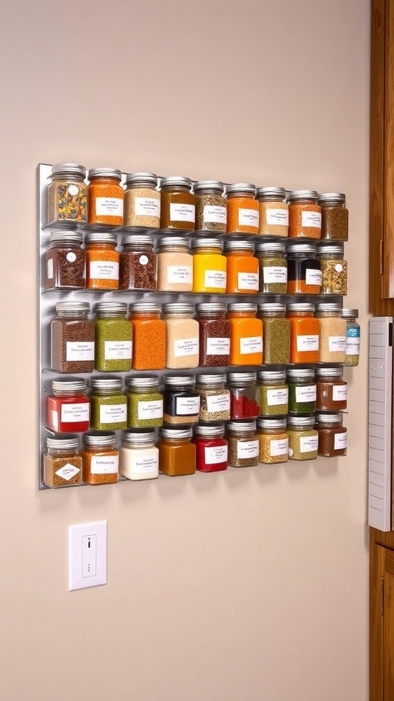 Magnetic spice rack with labeled glass jars on a kitchen wall.